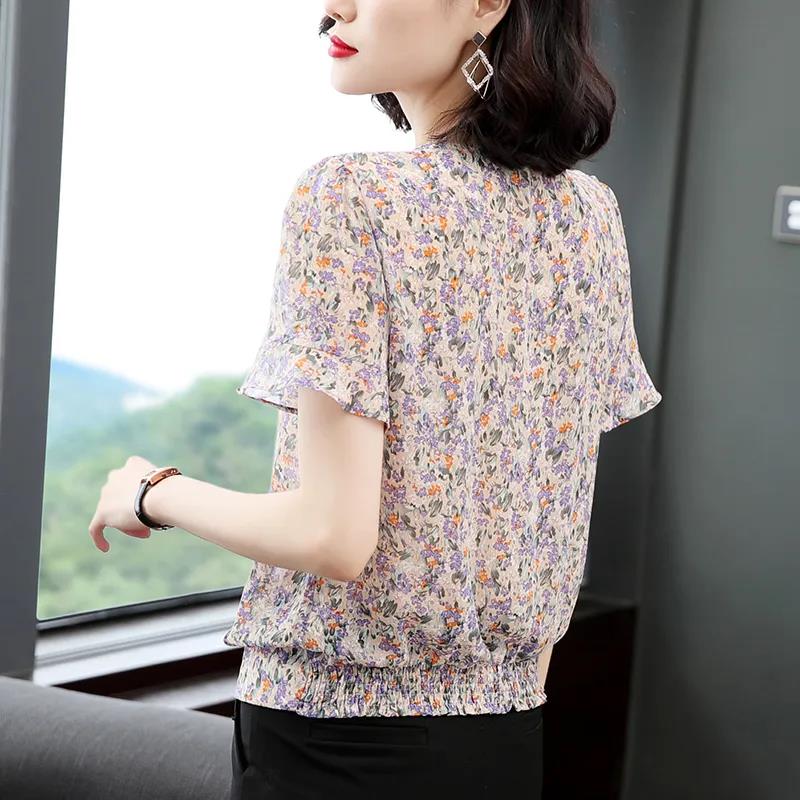 Women's Summer Print Loose Top Round Neck Versatile Chiffon Short Sleeves