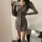 V-neck POLO Neck Slim-fitting Hip Short Skirt Women's Sexy Long-sleeved Button Pleated Dress Showing Breasts Femininity Solid Color