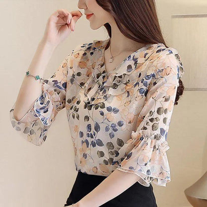 Flower Chiffon Shirt Short -sleeved Women's Summer Loose Top Fashion Temperament Small Shirt