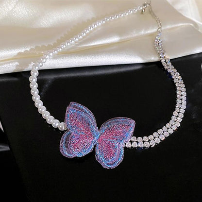 Purple Butterfly Pearl Necklace Women's Choker Necklace Clavicle Chain Simple Collar Beaded Necklace Send Friend Collar Personalized Ornaments