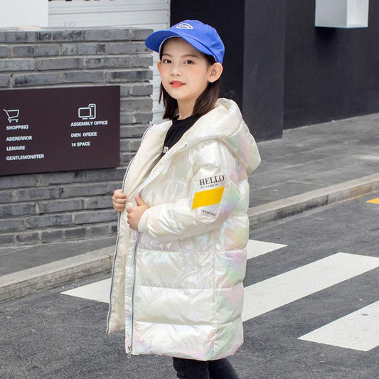 Girls' Down Jacket Mid-length Colorful Winter Clothes Thick Shiny Hooded Warm and Windproof Jacket