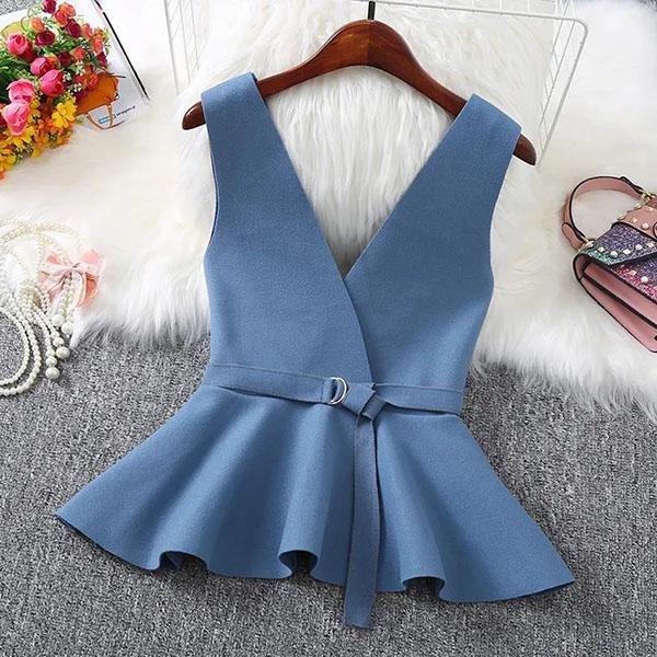 Women's Plus Size Wool Vest Spring Autumn Loose Sleeveless Waistcoat Solid Color V-neck All Match Vest with Belt