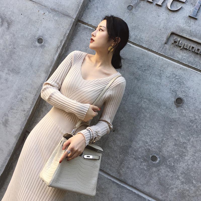Women V-neck Sweater Dress Women's Loose Casual Dress Women Long Sleeve Knitted Dresses