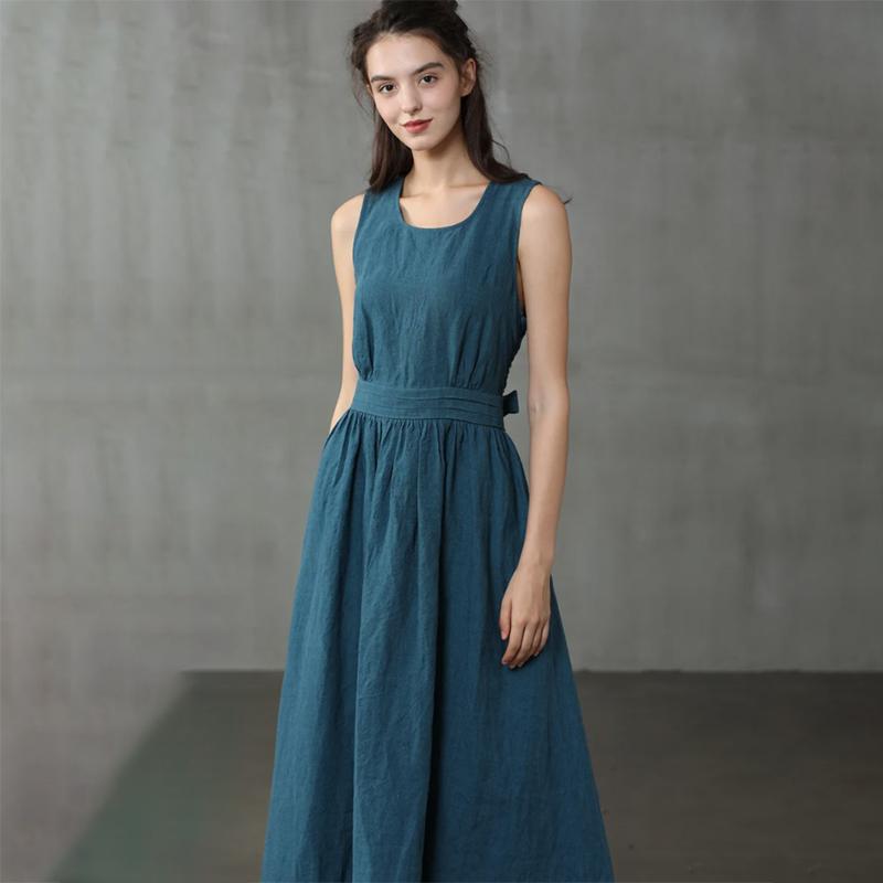 Cross Back Linen Dress, Drawstring Waist Slim Temperament Large Swing Skirt,maxi Dress, Sleeveless Dress, Layered Linen Dress, Apron Dress