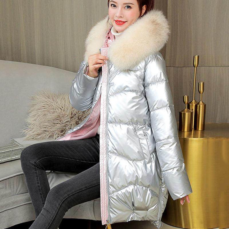 Women's Bright Face Hooded Down Jacket Mid-length Korean Loose Thick Coat Warm Cotton Coat Large Wool Collar Winter Quilted Coat