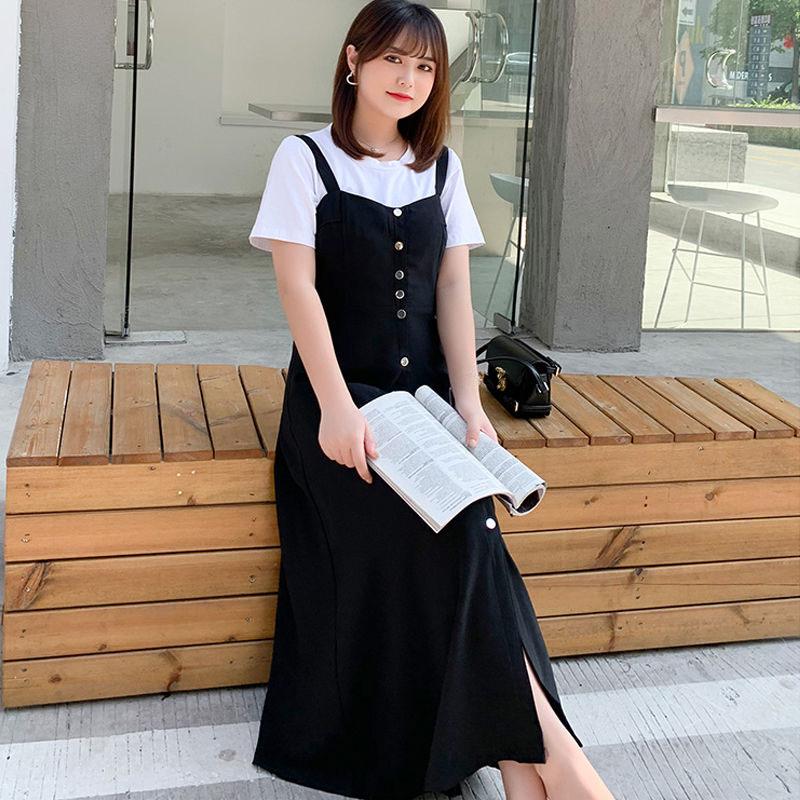 Womens Summer Dresses  Short-sleeved Shirt Top and Long  Strap Dress Two-piece Set Plus Size Outfits