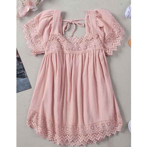 Summer Solid Color Casual Lace Shirt European and American Ladies Loose All-match U-neck Short-sleeved Top