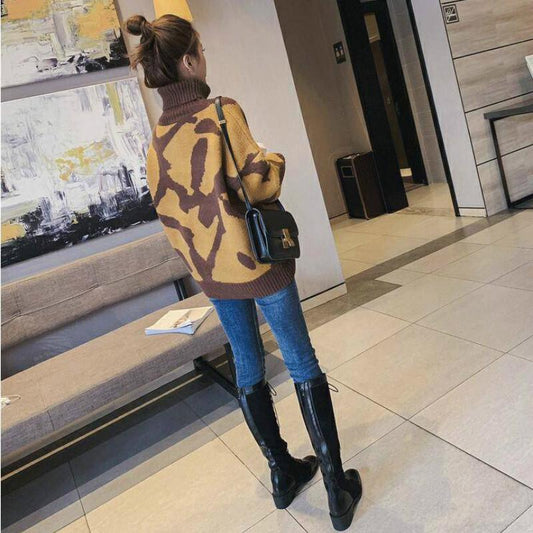 Women Knitted Sweaters Puff Printed Long Sleeve Loose Fit Pullover Leopard Winter Ladies Tops