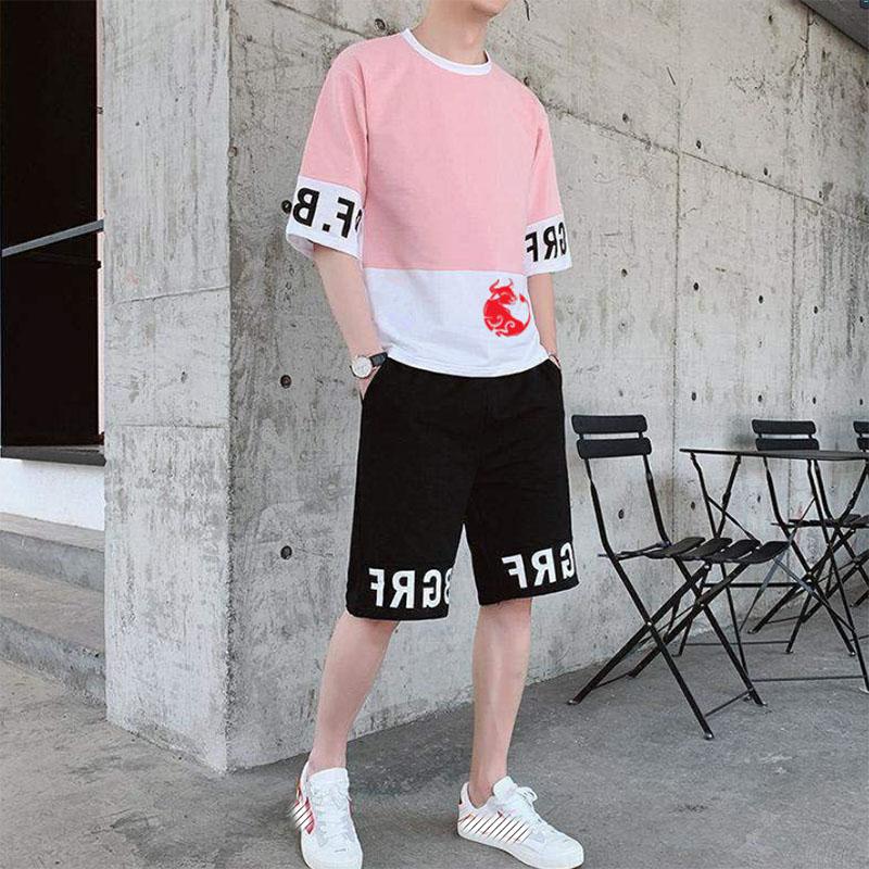 Sports Suit Men's Summer Cool Short-sleeved T-shirt Men's Contrast Color Casual Teen Student Suit Men