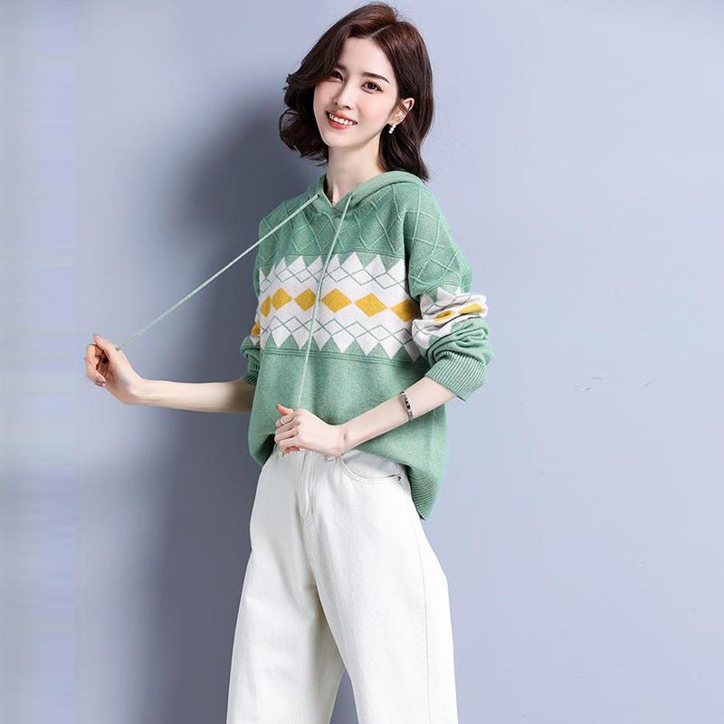 Hooded Sweater Women Rhombus Jacquard All-match Sweater Loose Pullover Women