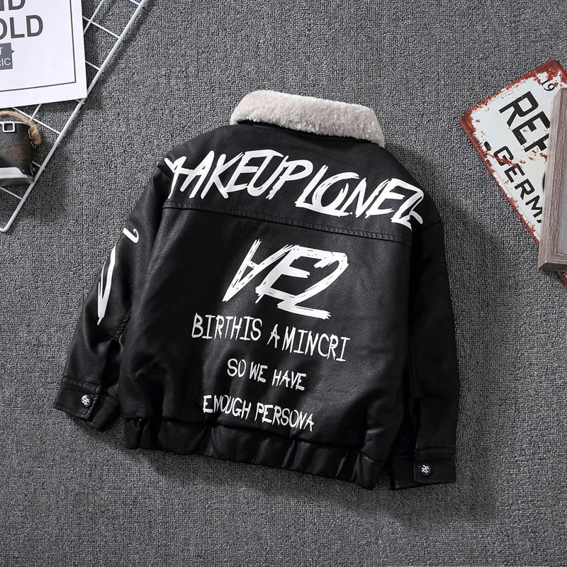Boy's Jacket Autumn and Winter Models In The Big Children's Leather Jacket Korean Version Plus Velvet Thick Coat Pu Leather Jacket Trend