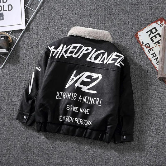 Boy's Jacket Autumn and Winter Models In The Big Children's Leather Jacket Korean Version Plus Velvet Thick Coat Pu Leather Jacket Trend