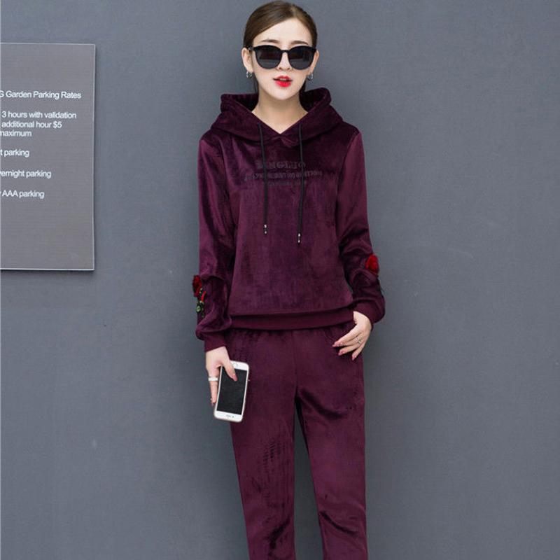 Casual Sports Suit Women's Long-sleeved Plus Velvet Padded Hoodie Women's Gold Velvet Two-piece Warmth Soft and Comfortable Ladies Casual Suit