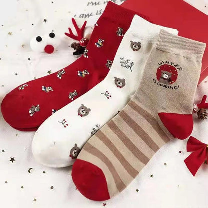 Socks Winter Christmas Elk Tree Pattern Thicken Warm Women's Red Pure Cotton Cute Stockings