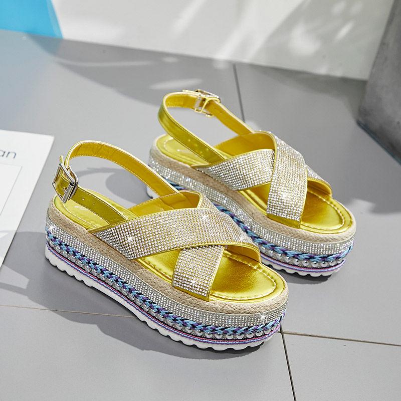 2020 Spring and Summer Trend Wind Fork Open Toe Wild Rhinestone Thick Bottom Muffin Women Sandals Women Shoes