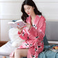 Women's Autumn Winter Coral Fleece Nightgown Mid-length Flannel Bathrobe Solid Color Printing Pocket Belted Dressing Gown Long Sleeves Thick Warm Robe