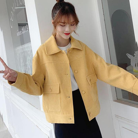 Short Coat Women's Spring and Autumn Loose All-match Striped Velvet Corduroy Thin Top Women's Solid Color Long-sleeved Coat