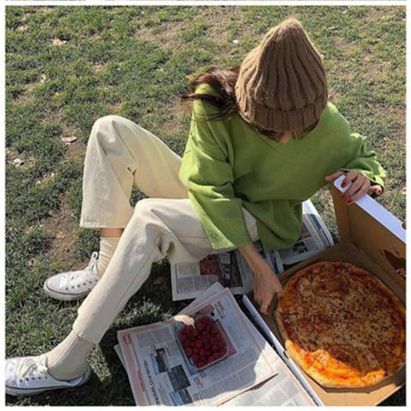 Pofulove Solid Color POLO Collar Sweater Jacket Female Autumn Winter College Style Sweater