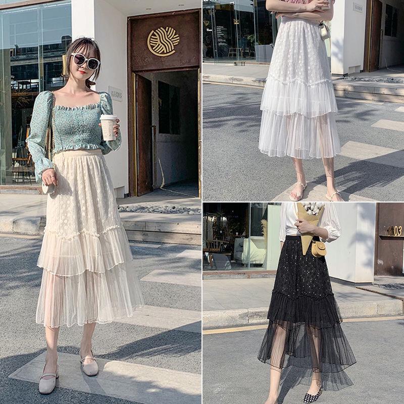 Long Tulle Skirts Womens Summer Elastic High Waist Mesh Tutu Pleated Skirt Female Skirt