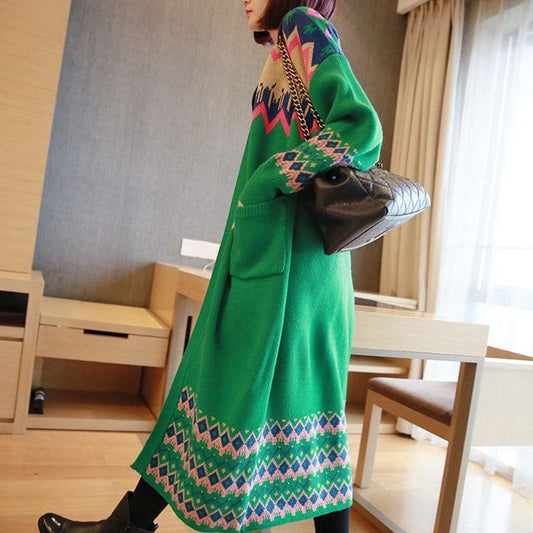 Vintage Rhombus Printed Knitted Cardigan Sweater Women Spring Autumn Oversized Knitted Jacket Loose Long Knitwear Outer Wear