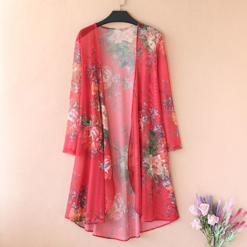 Women's Sun-Dress 1pcs Chiffon Cardigan Flowers Sun Protection Clothing Mid-length Plus Size Loose Outer Thin Coat Beach Air-conditioned Rooms