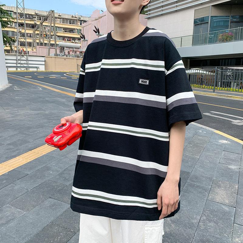Striped T-shirt Men's Loose Large Size Summer Short-sleeved Shirt with Summer New Style Youth Short-sleeved