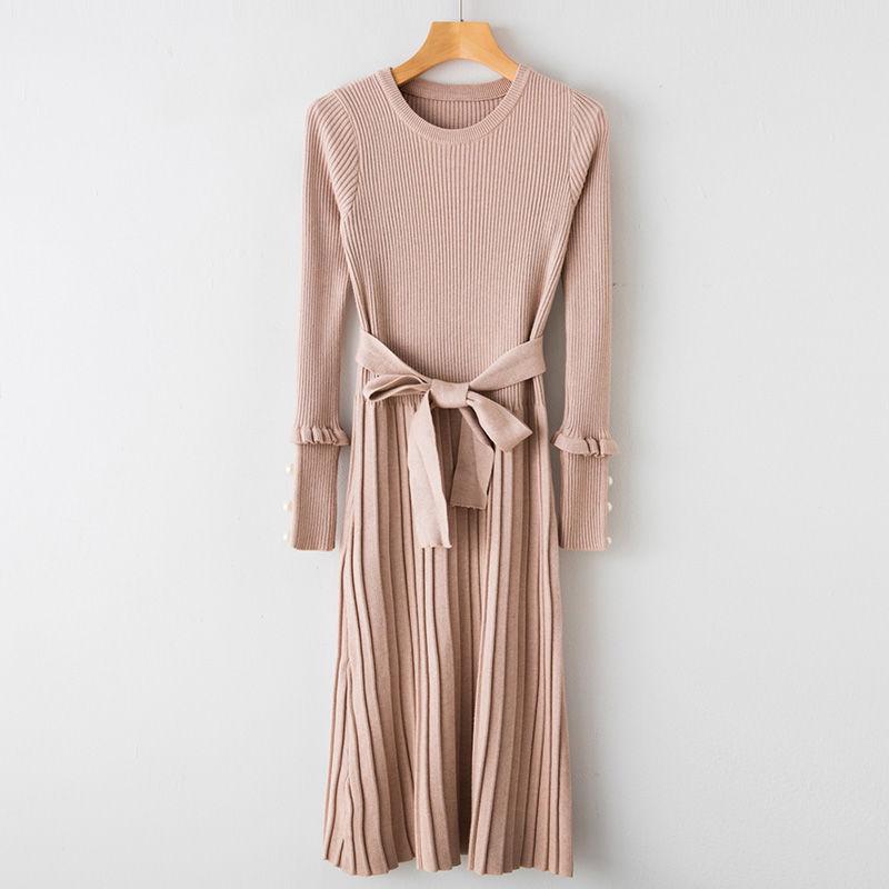 Autum Winter  Women's Long Sweater Dress Over The Knees Long-sleeved Round Neck Knit Sweater Dress