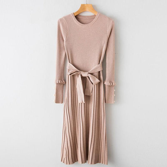 Autum Winter  Women's Long Sweater Dress Over The Knees Long-sleeved Round Neck Knit Sweater Dress