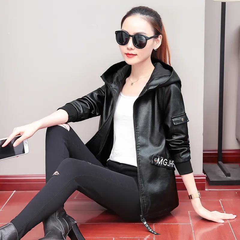 Autumn and Winter Fashion Slim Hooded Leather Ladies Short Jacket Pu Jacket Women's Motorcycle Jacket