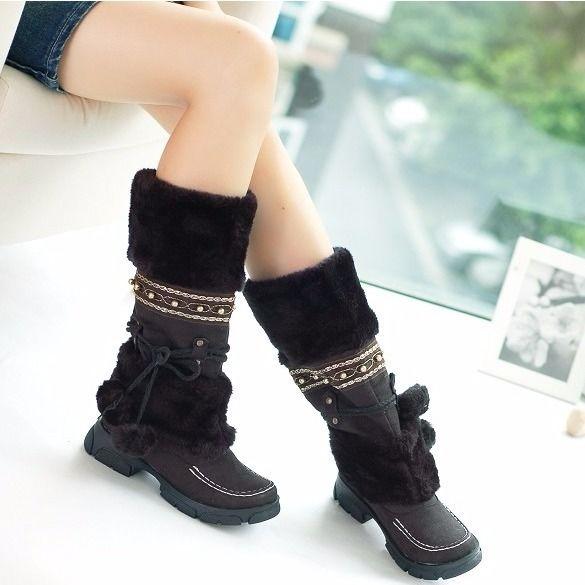 Bohemian Women's Snow Boots Beaded Fur Ball Thick Bottom High Boots Plus Velvet Calf-high Boots Plus Size 35-43