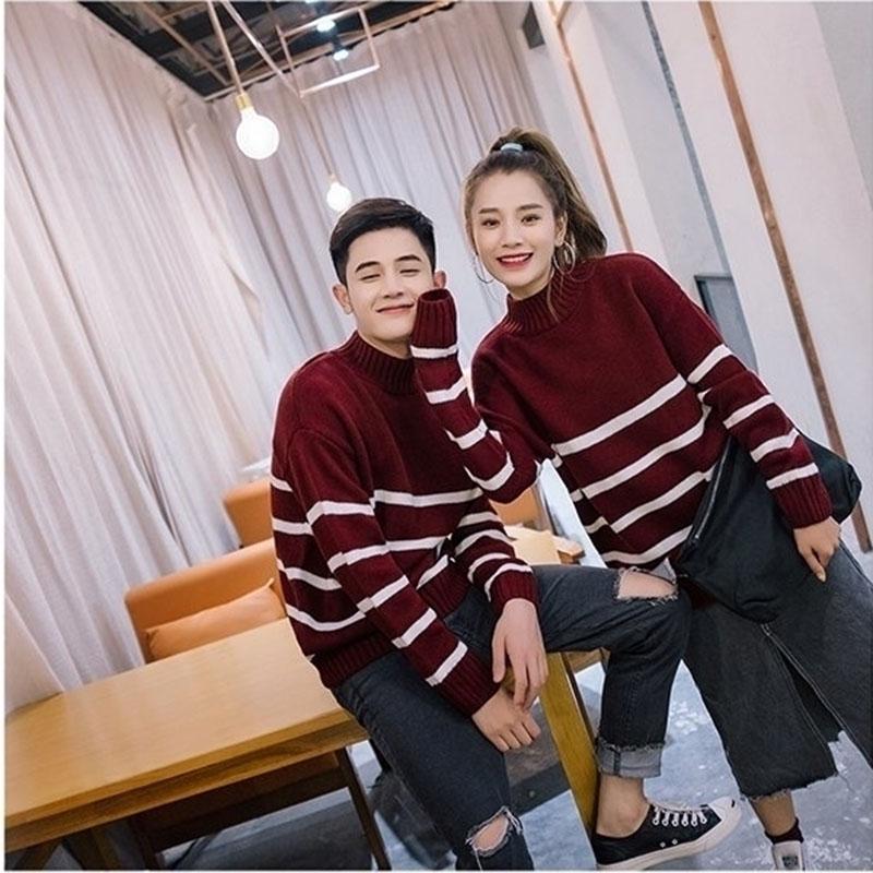 Autumn and Winter Casual Sweater Striped Pattern Loose Top Men and Women Half High Neck Lover's clothes