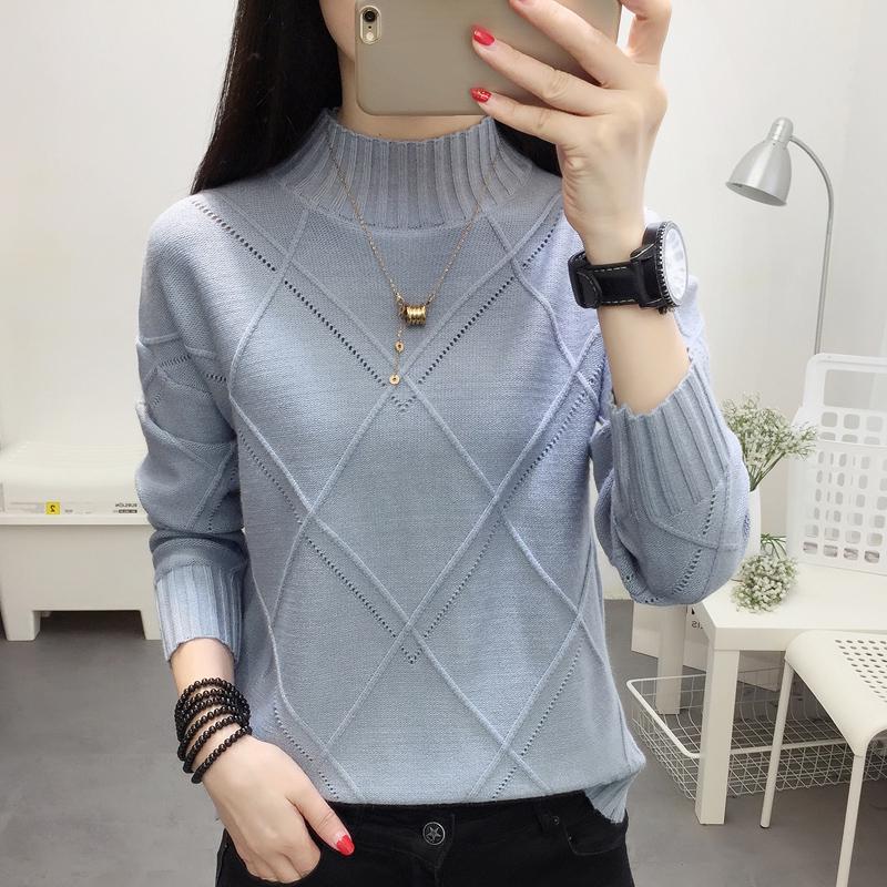 Women Blue Short Long Sleeve Half Turtleneck Pullover Sweater Office Warm Bottoming Shirt