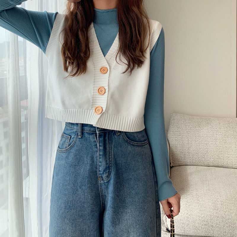 Sweater Knit Vest Women Solid Loose V-Neck Cardigan Short Sweater Elegant Sleeveless Single Breasted Lovely Female Basic Tops