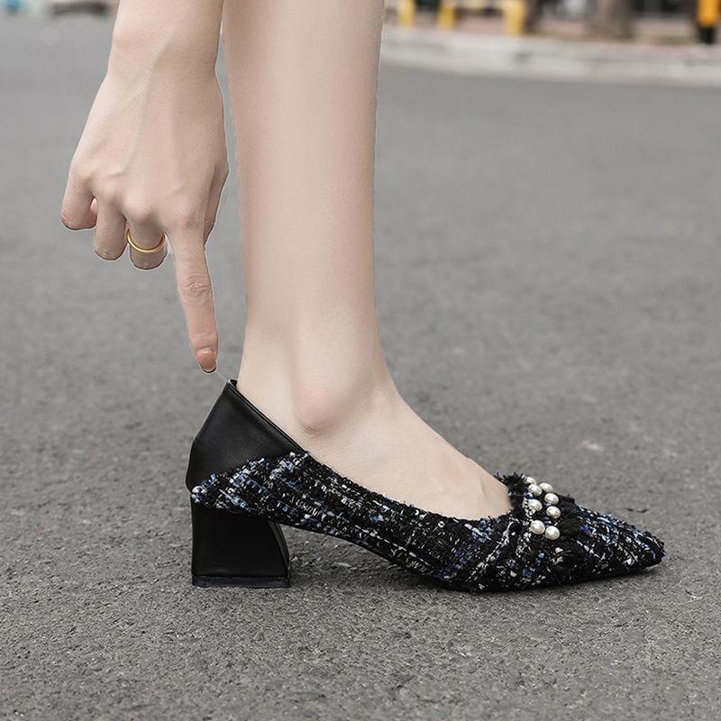 Pointed Shallow Mouth Gentle Shoes Thick Heel Small Fragrant Style Single Shoes Women's Mid-heel Pointed High Heels Pearl Fabric High Heels