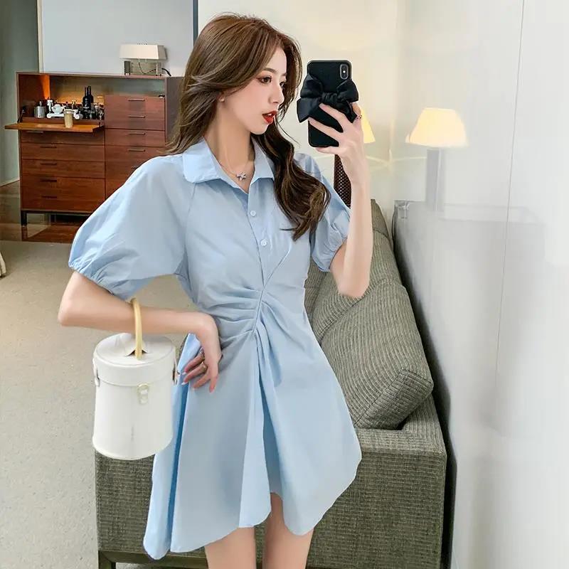 Summer Solid Color Temperament Puff Sleeve Pleated Short Sleeve Design Shirt Dress