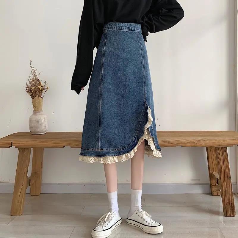 Women Sexy Sweet Solid Split Denim Skirt Lace High Waist Above Knee Hip Skirt Casual Club Home Office