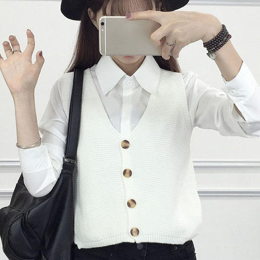 Spring and Autumn Knitted Loose Vest Sleeveless Cardigan Sleeveless Sweater V-neck Short Women's Top
