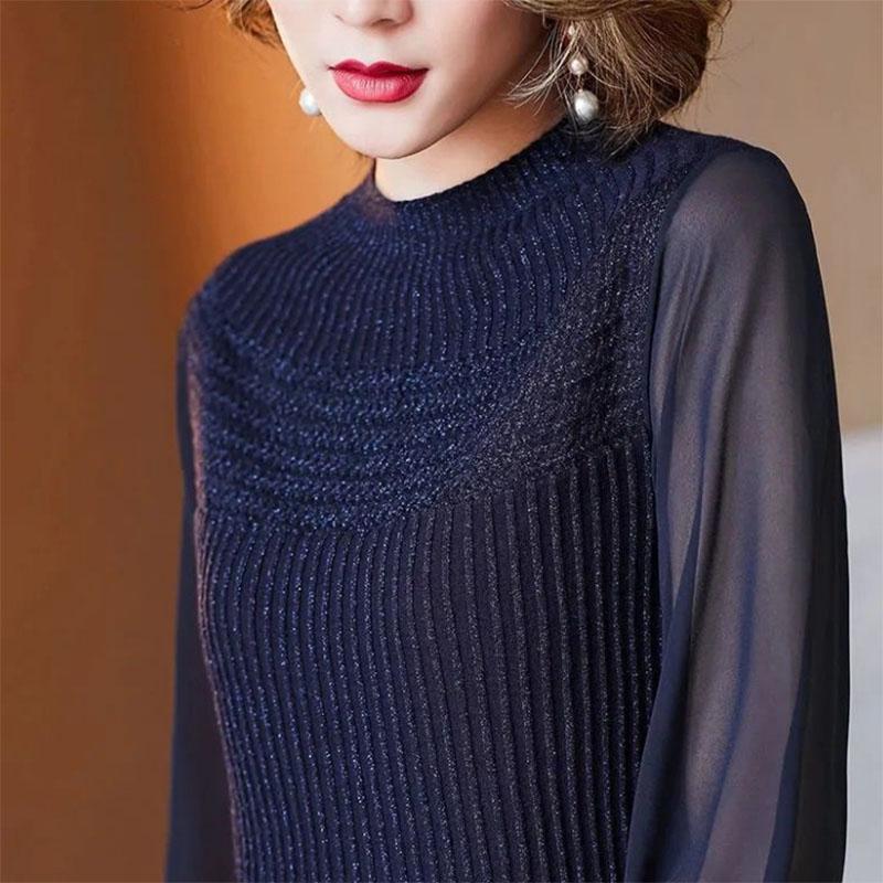 Temperament Lantern Sleeve Ladies Top Wear Mesh Half Turtleneck Knit Bottoming Shirt Long Sleeve Thin