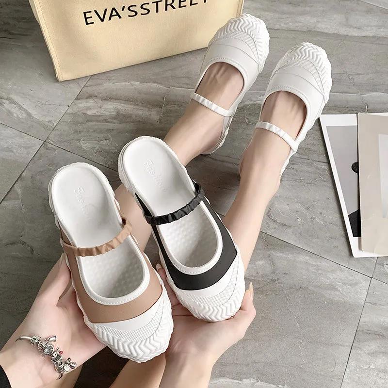 Solid Color All-match Slip-on Sandals and Slippers Baotou Half Slippers Women's Outer Wear Flat-heeled Loafers Comfortable and Light