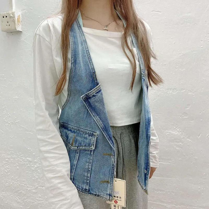 Solid Color Women's Denim Vest Sleeveless Spring and Summer Loose Casual Coat Pocket