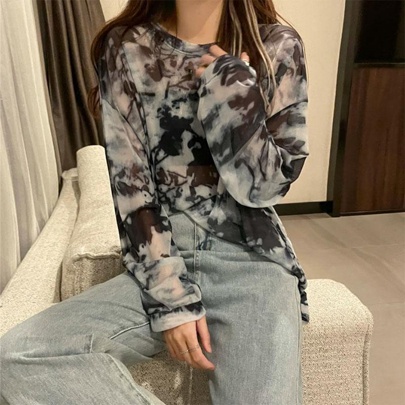 Tie-dye Sunscreen Women's Wear Loose Mesh See-through Thin Long-sleeved T-shirt