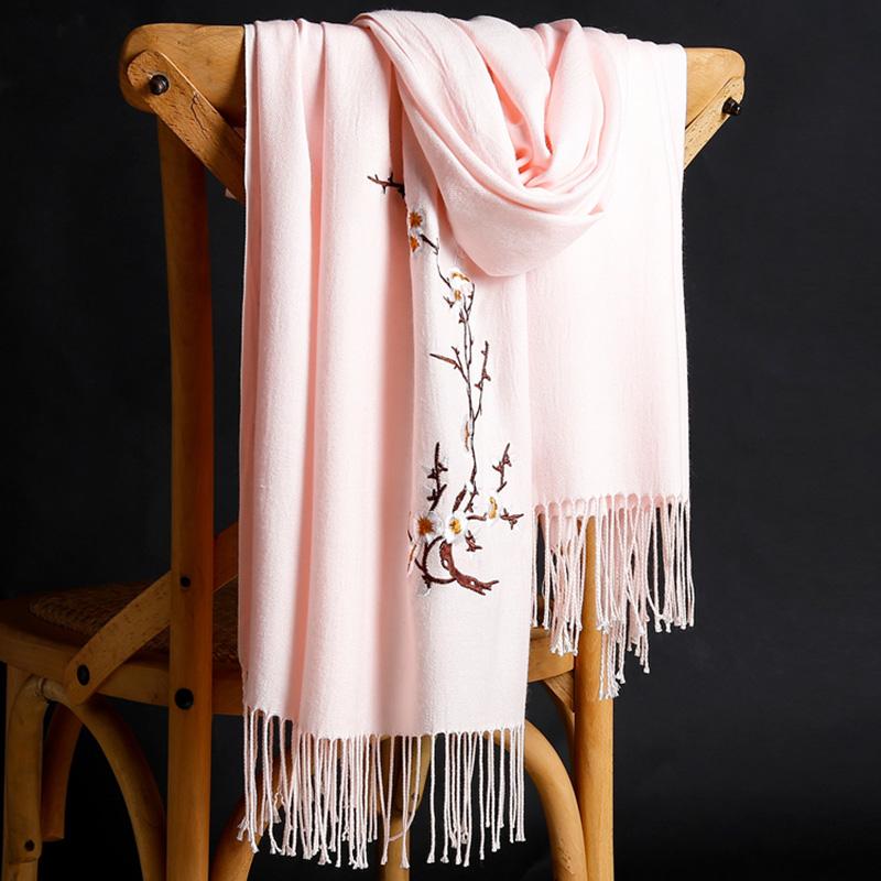 Winter Solid Color Imitation Cashmere Embroidered Scarf Mid-length Ladies Ethnic Style Tassel Shawl Warm Scarf Fabric Soft