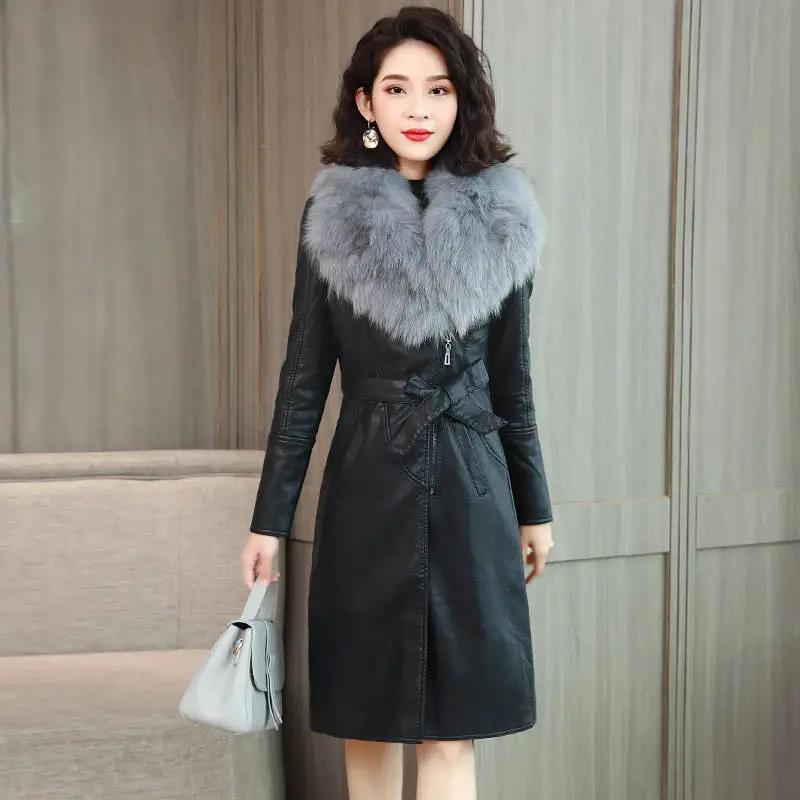 Large Fur Collar Winter Leather Jacket Women Plus Velvet Thick Mid-length Slim and Thin Waist Leather Jacket