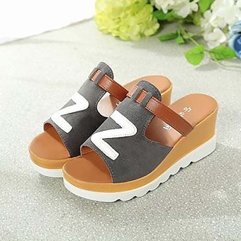 Fish Mouth Sandals and Slippers Women's Summer Frosted Leather Color Matching Thick-soled Sponge Cake Lazy One-word Drag Wedge High-heeled Sandals