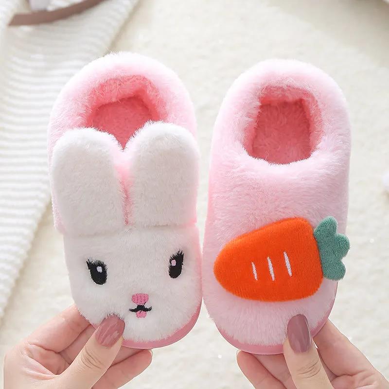 Kids Fur Slides Kids Shoes Autumn Winter Indoor Non-slip Cute Rabbit Cotton Home Slippers Baby Girls Slippers