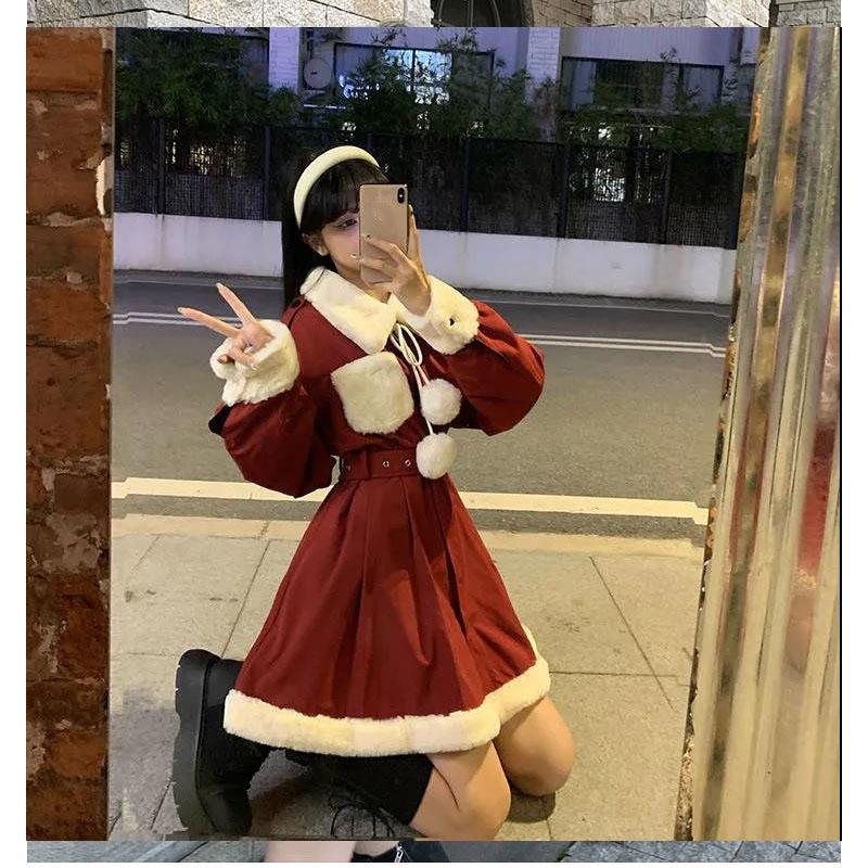 Winter Sweet and Cool Girl Thick Warm Fur Collar Stitching Prague British Girl Plus Cotton Windbreaker Dress