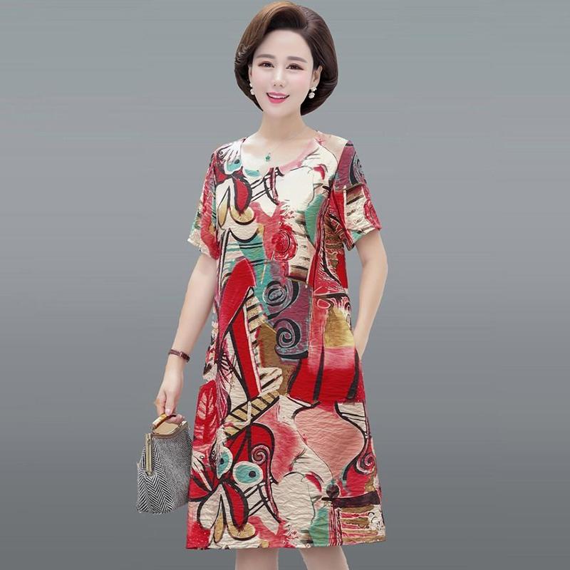 Women Summer L-XXXXXL Plus Size Mid-length Printed Dress Short Sleeve A-line knee-length