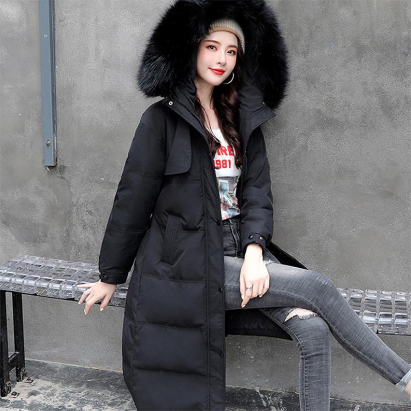 Women's Solid Color Hooded Down Jacket  Long Korean Loose Thick Coat Warm Cotton Coat  Large Wool Collar Winter Quilted Coat