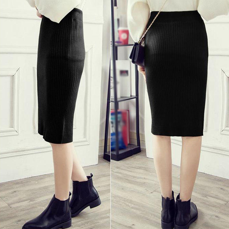 Autumn Winter Women Knitted Pencil Skirts Stretch High Waist Knee Length Slim Office Lady Bodycon