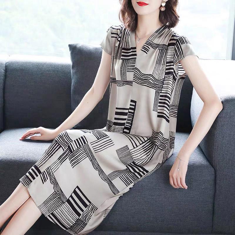 Spring Summer Women's Casual All-match Solid Color Striped Pattern Loose Large Size Short Sleeve Over-the-knee Long Skirt
